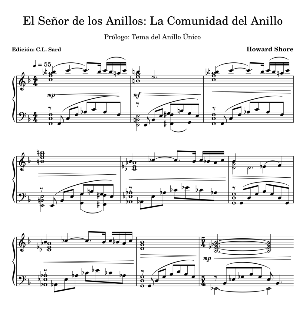 Tema del Anillo Único; reducción para piano.